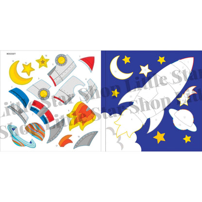 Children's space-themed wall stickers with rockets, stars, and planets on a white background.
