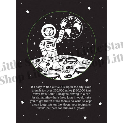 Illustration of an astronaut on the moon with text about the moon's distance from Earth.