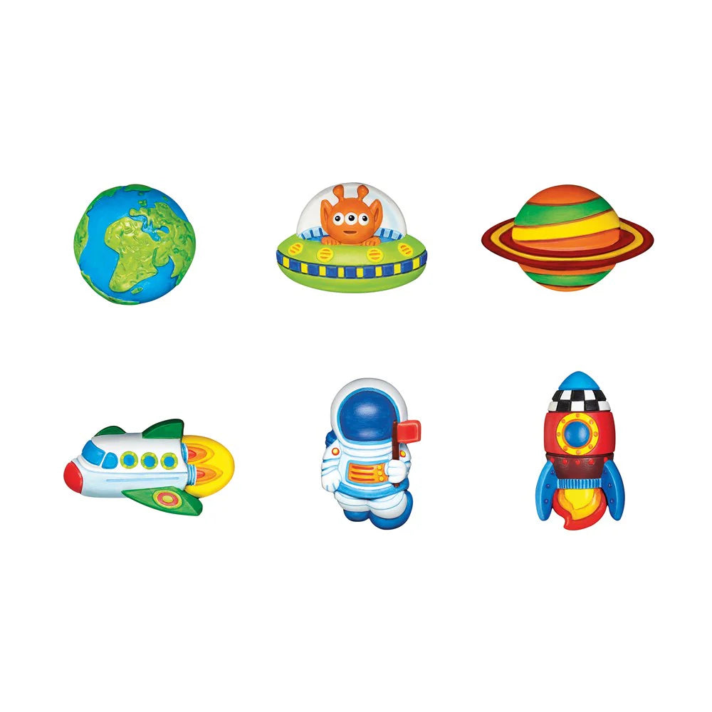 Set of colorful space-themed toys including a planet, spaceship, alien, and astronaut on a white background.