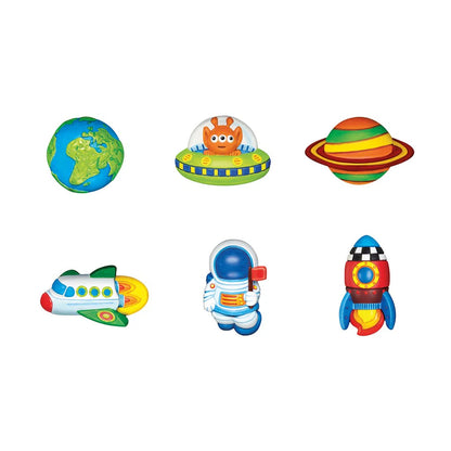 Set of colorful space-themed toys including a planet, spaceship, alien, and astronaut on a white background.