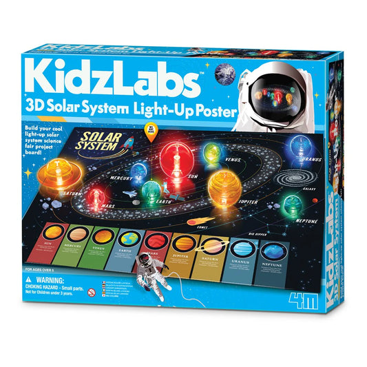 Box of KidzLabs 3D Solar System Light-Up Poster with colorful depiction of planets and stars.