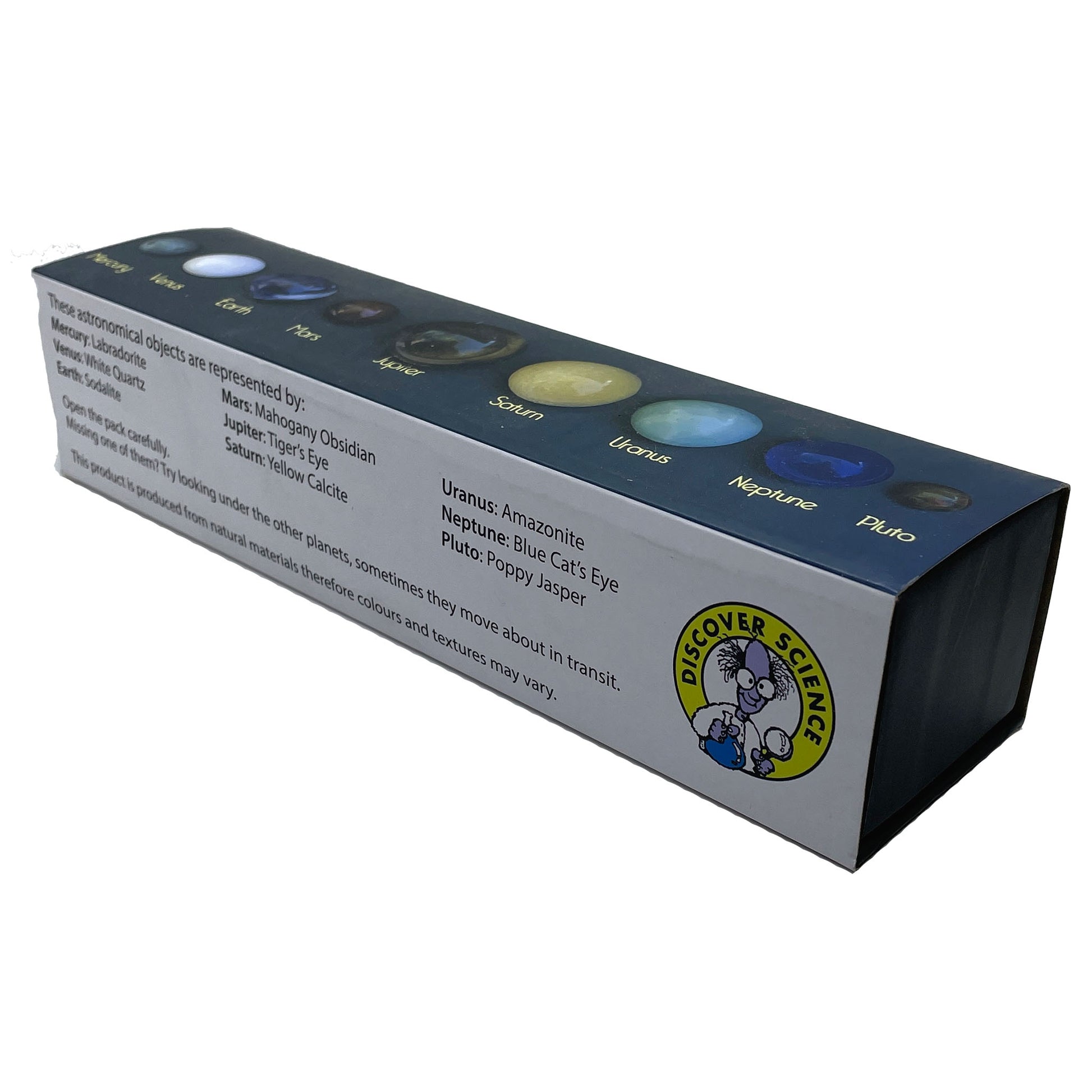 Box with illustrations of planets and 'Discover Science' logo on a white background