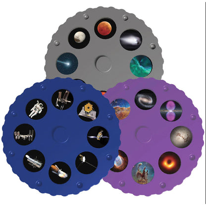 Three circular panels with space-themed images on a white background