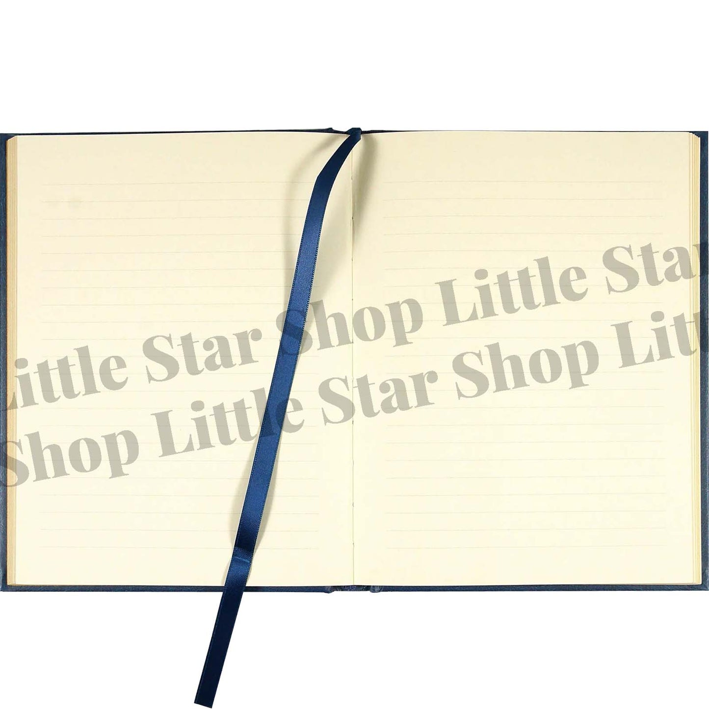 Open notebook with a blue ribbon on a white background, featuring 'Little Star Shop Little Star Shop Little'.