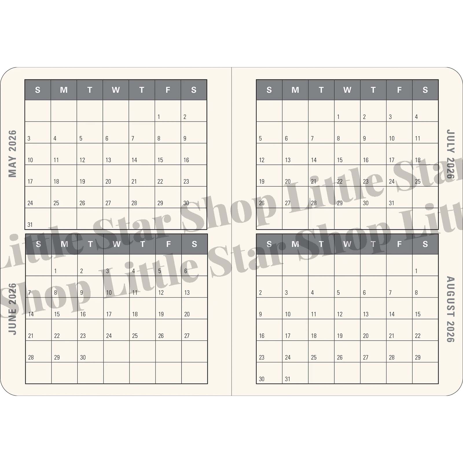 Calendar with May to August 2026 dates on a white background