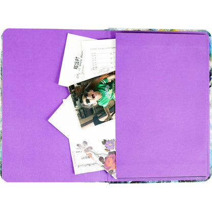 Purple folder with documents and photos inside on a white background