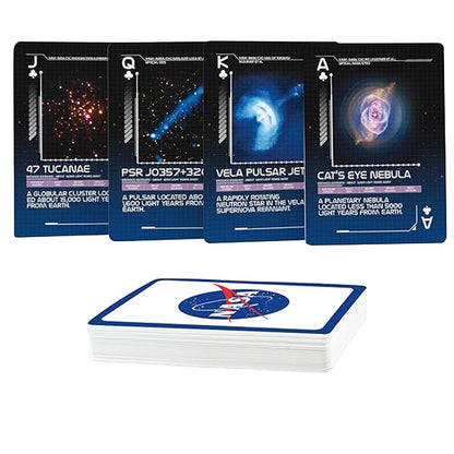 Playing cards with space-themed designs on a white background