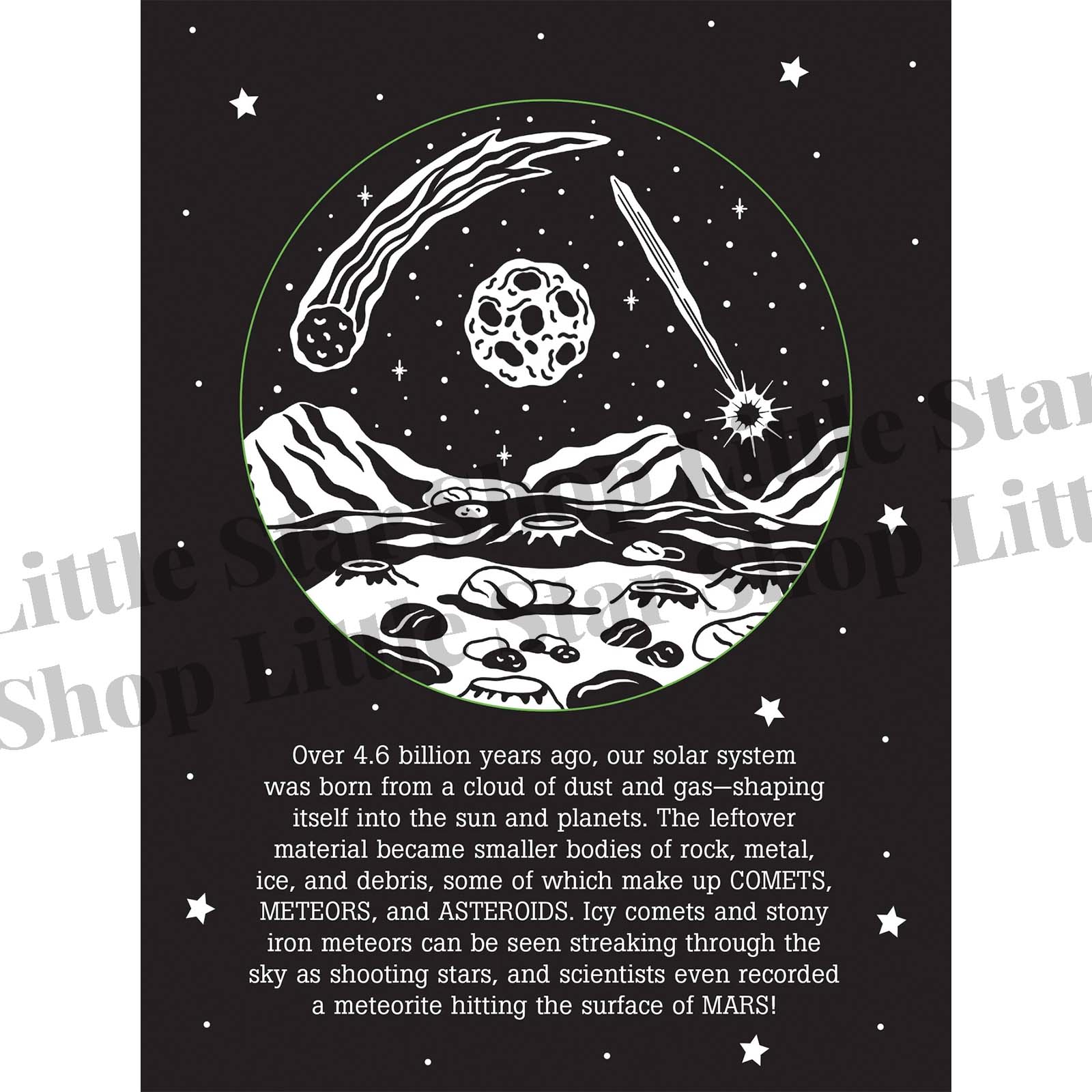 Illustration of a celestial scene with mountains, comets, and meteors on a black background with star patterns.