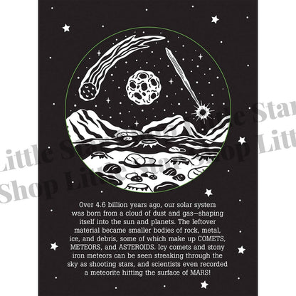 Illustration of a celestial scene with mountains, comets, and meteors on a black background with star patterns.