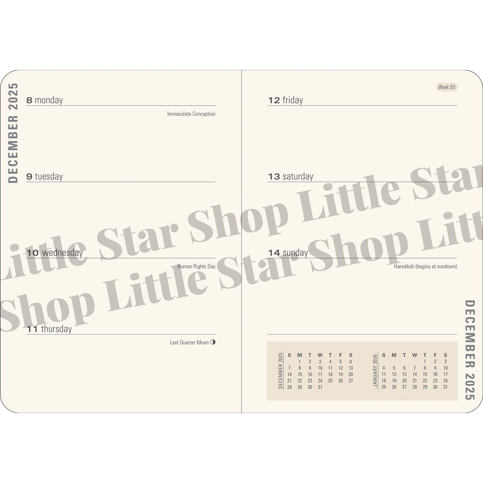 Calendar page for December 2025 with 'Little Star Shop Little' branding.