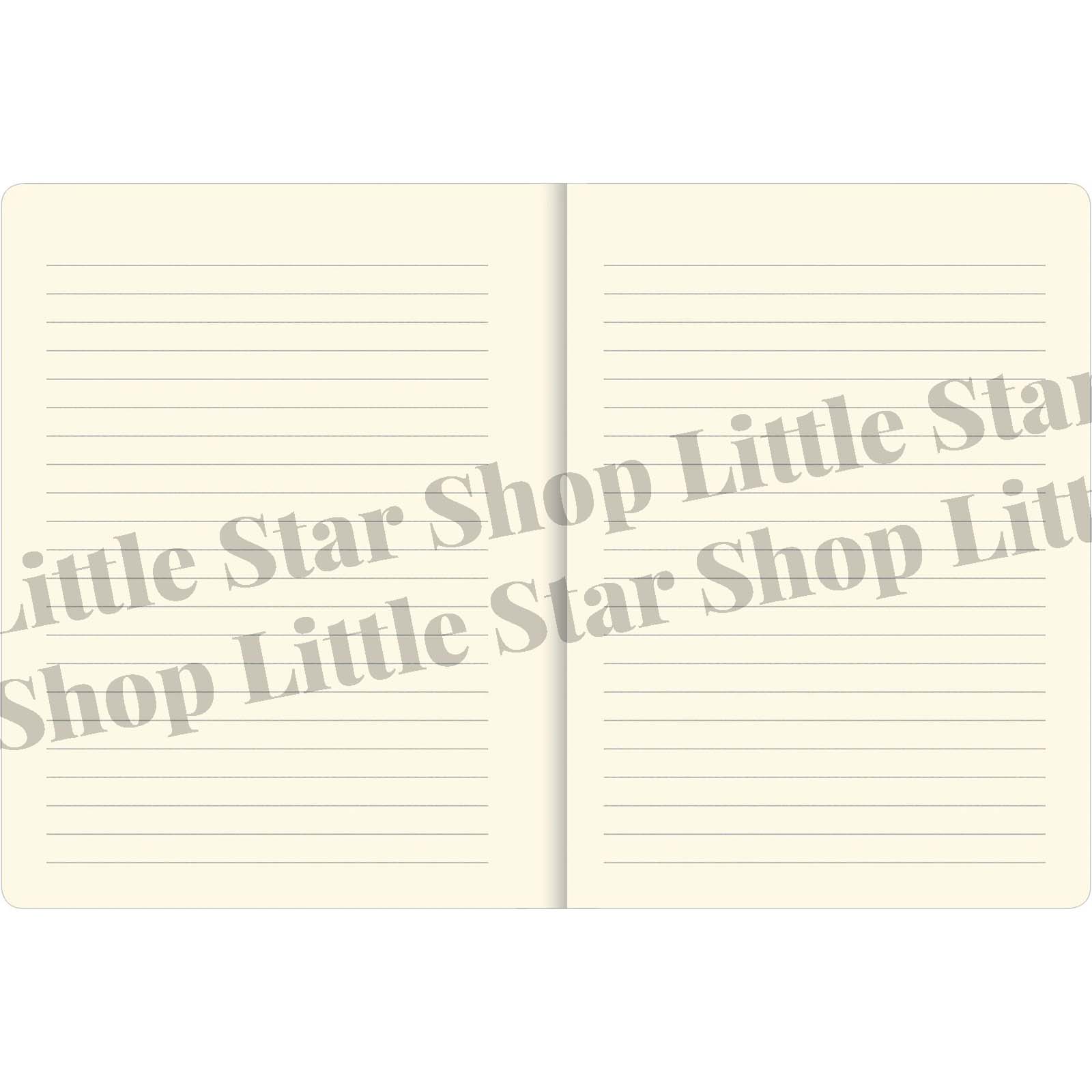 Open notebook with lined pages and 'Little Star Shop' branding on a white background