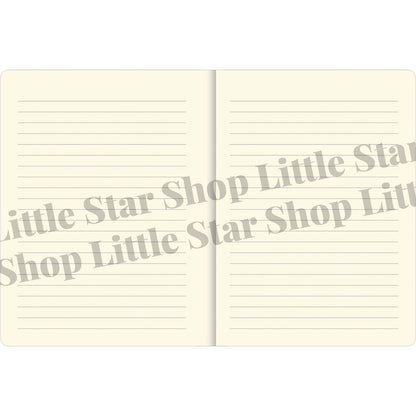 Open notebook with lined pages and 'Little Star Shop' branding on a white background