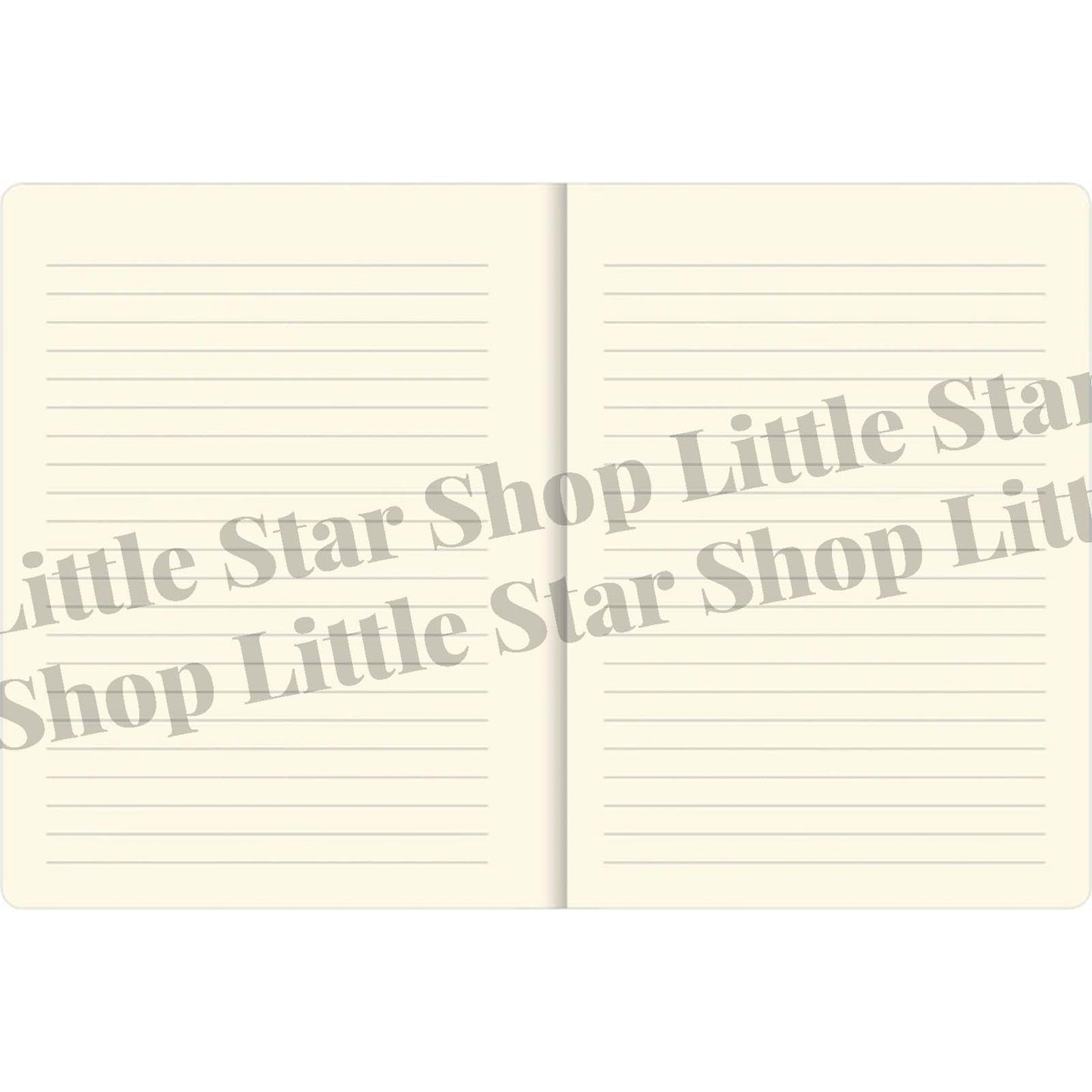 Open notebook with lined pages and 'Little Star Shop' branding on a white background