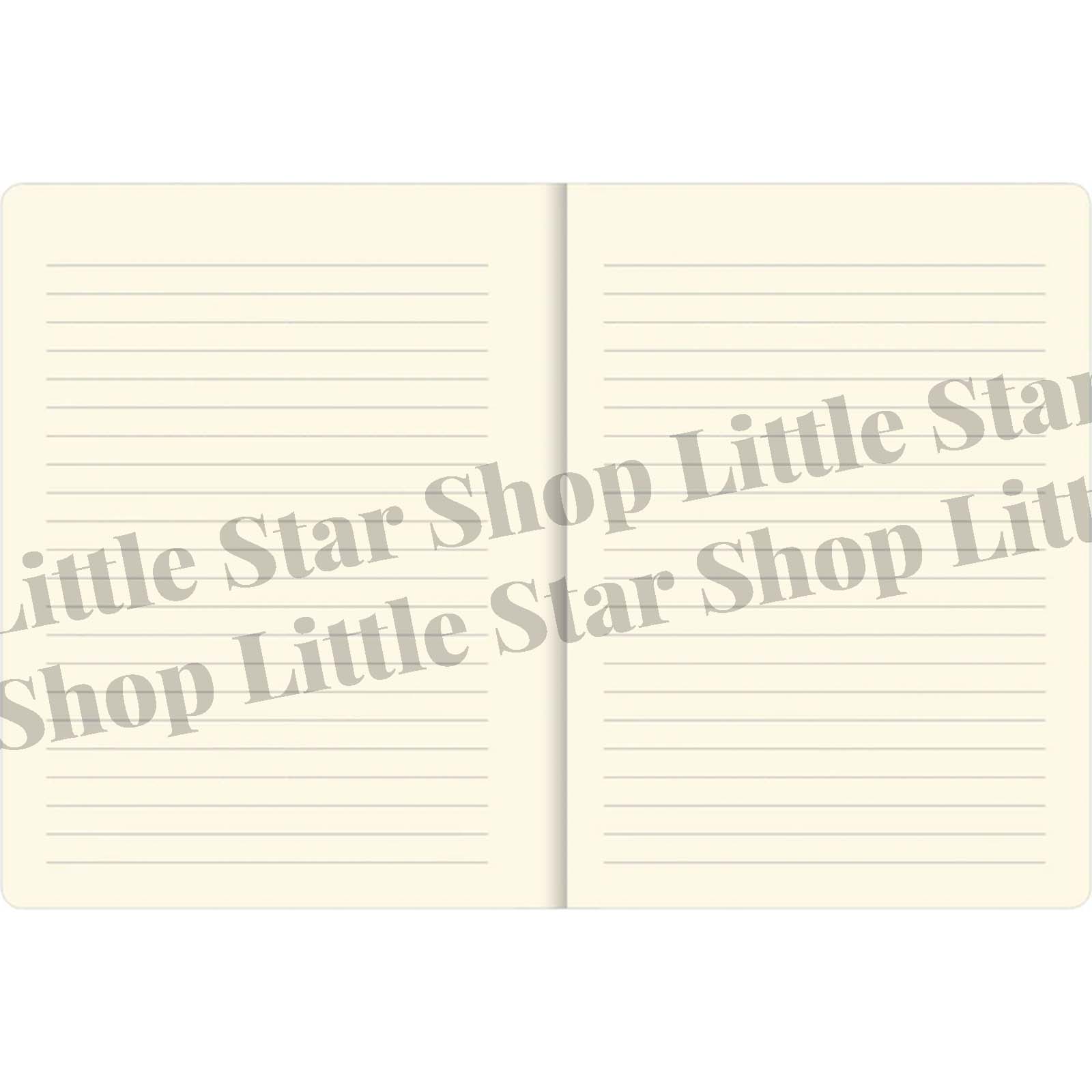 Open notebook with lined pages and 'Little Star Shop' branding on a white background