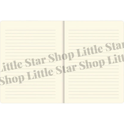 Open notebook with lined pages and 'Little Star Shop' branding on a white background