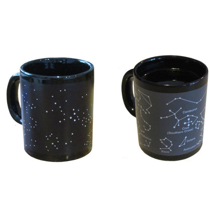 Two black mugs, one with star pattern and the other with constellation design, on a white background.