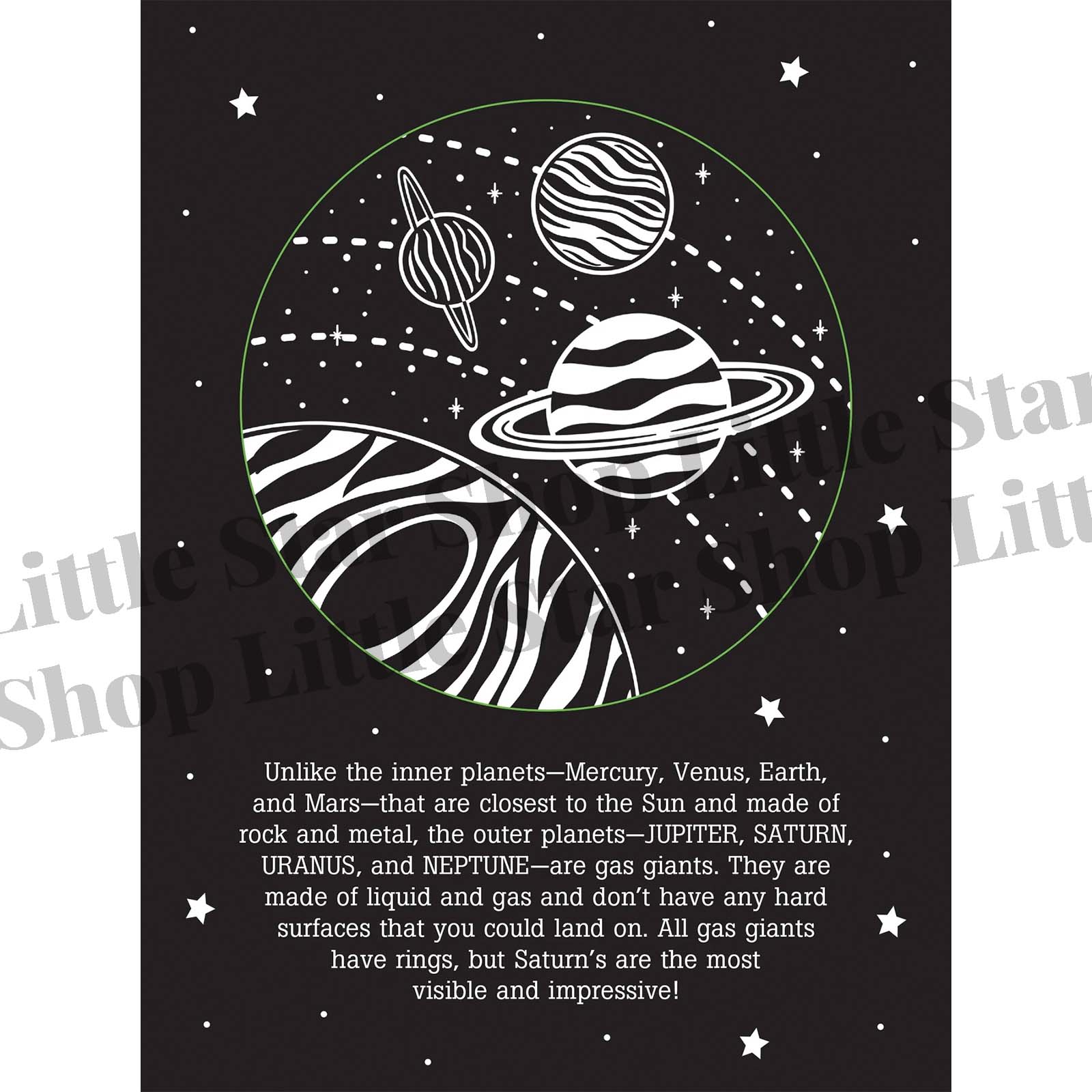Illustration of planets with text about outer planets on a black background with white stars.