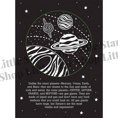 Illustration of planets with text about outer planets on a black background with white stars.