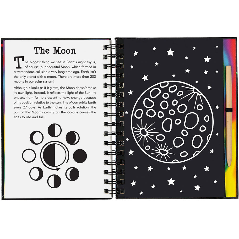 Open book with educational content about the moon and star illustrations on a black background.
