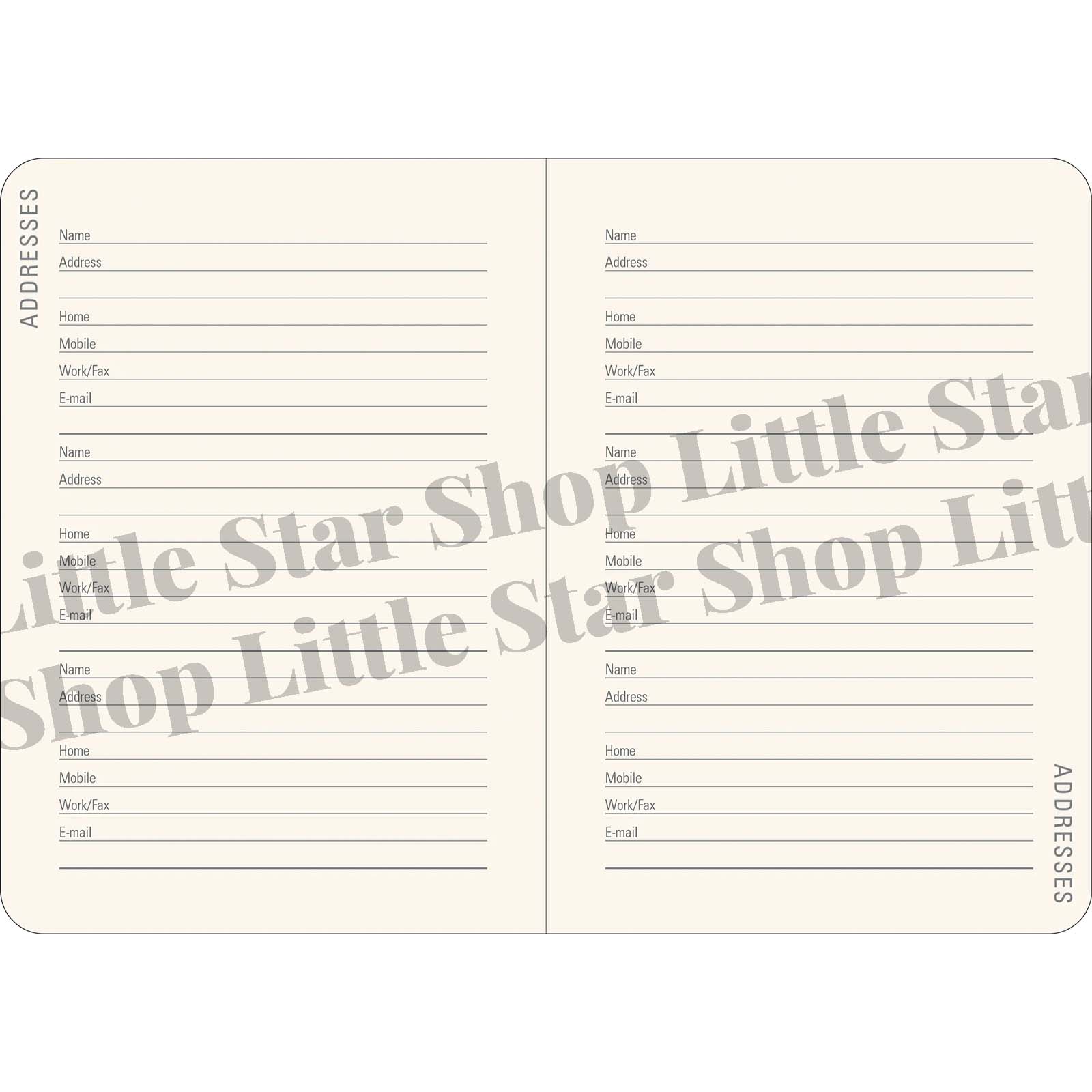 Address book with multiple address entries on a white background, featuring 'Little Star Shop' branding.