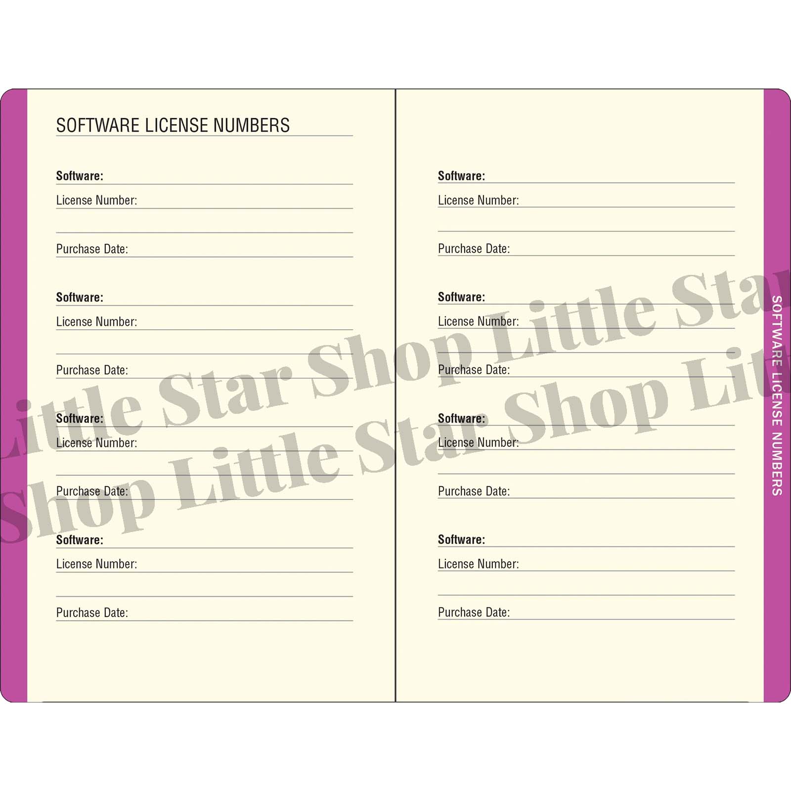 Two software license number cards with a purple border on a white background.
