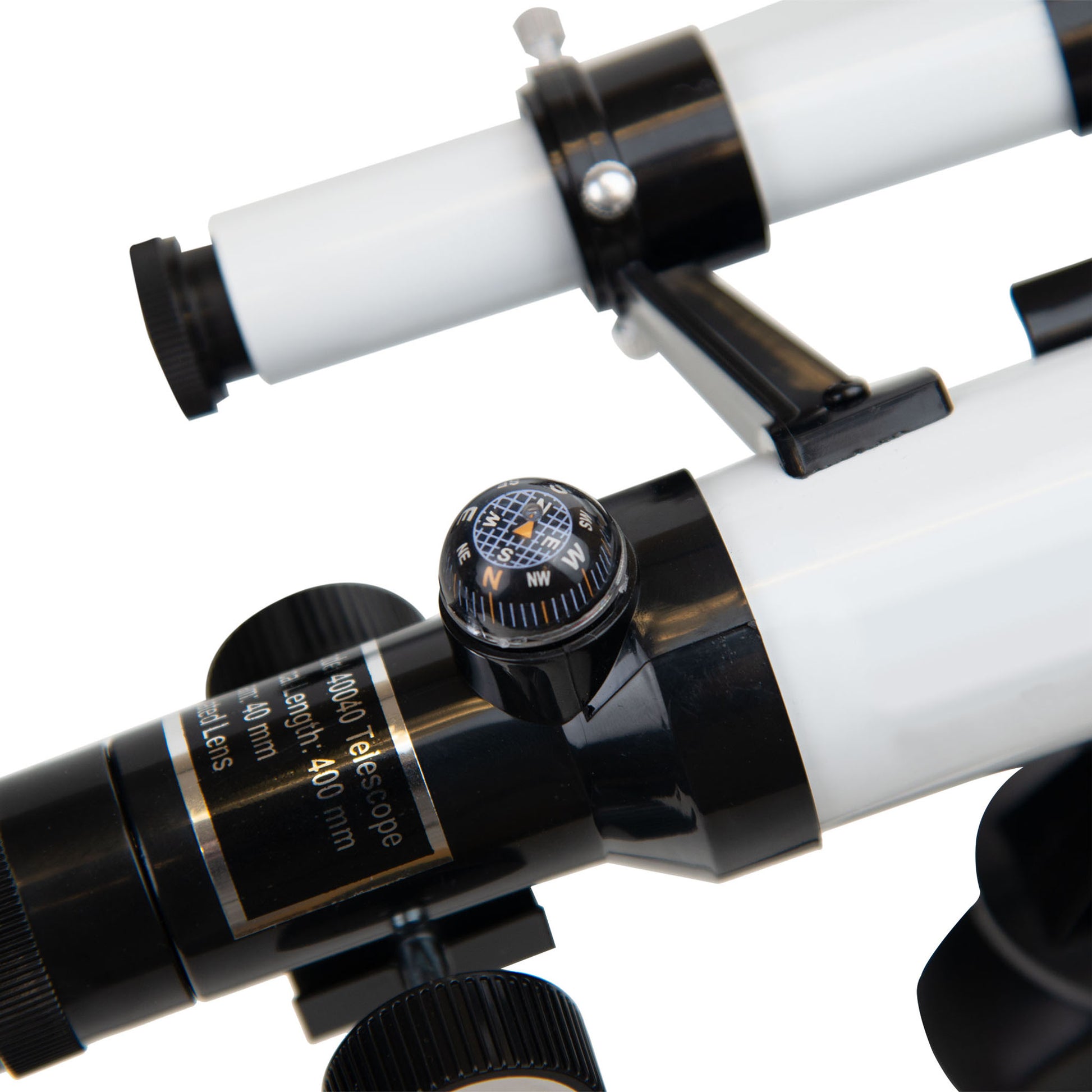 Close-up of a telescope with focus on the eyepiece and lens details.