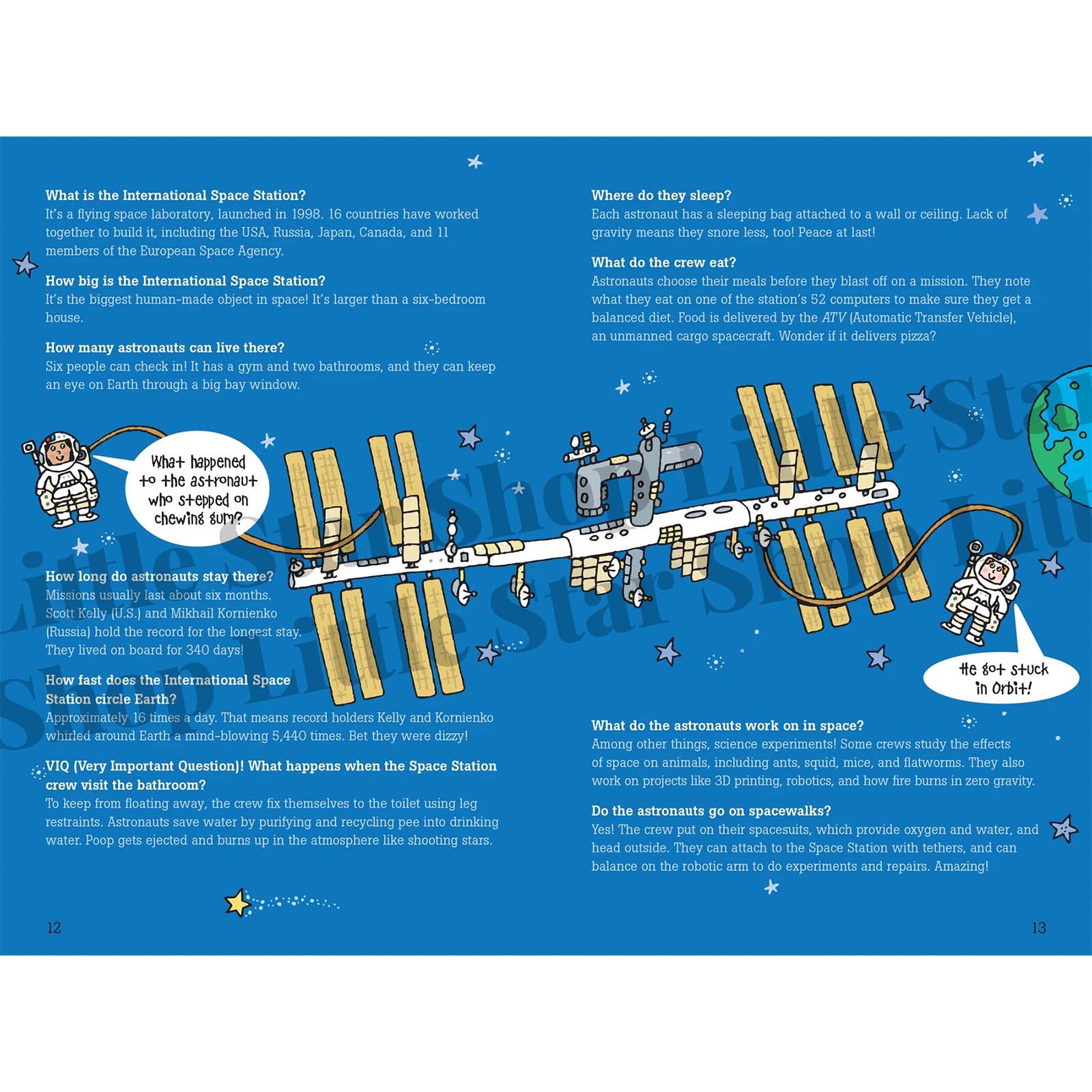 Educational page about the International Space Station with text and illustrations on a blue background.