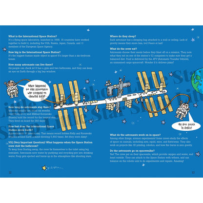 Educational page about the International Space Station with text and illustrations on a blue background.