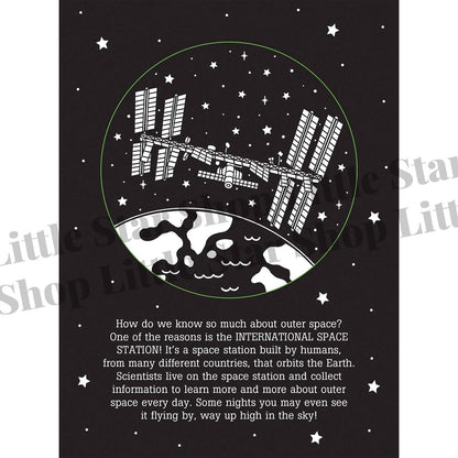 Illustration of the International Space Station with text on a black background
