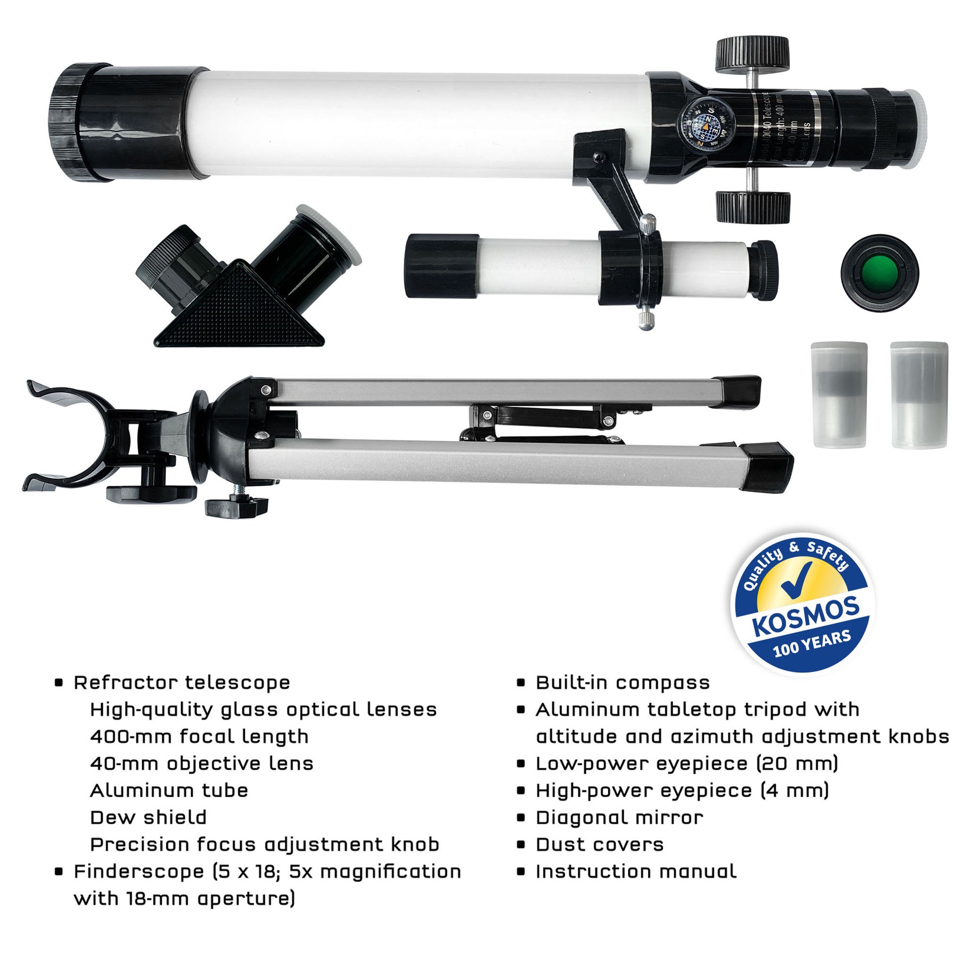 Telescope set with accessories on a white background, featuring Kosmos brand logo.