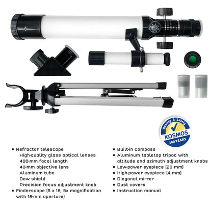 Telescope set with accessories on a white background, featuring Kosmos brand logo.