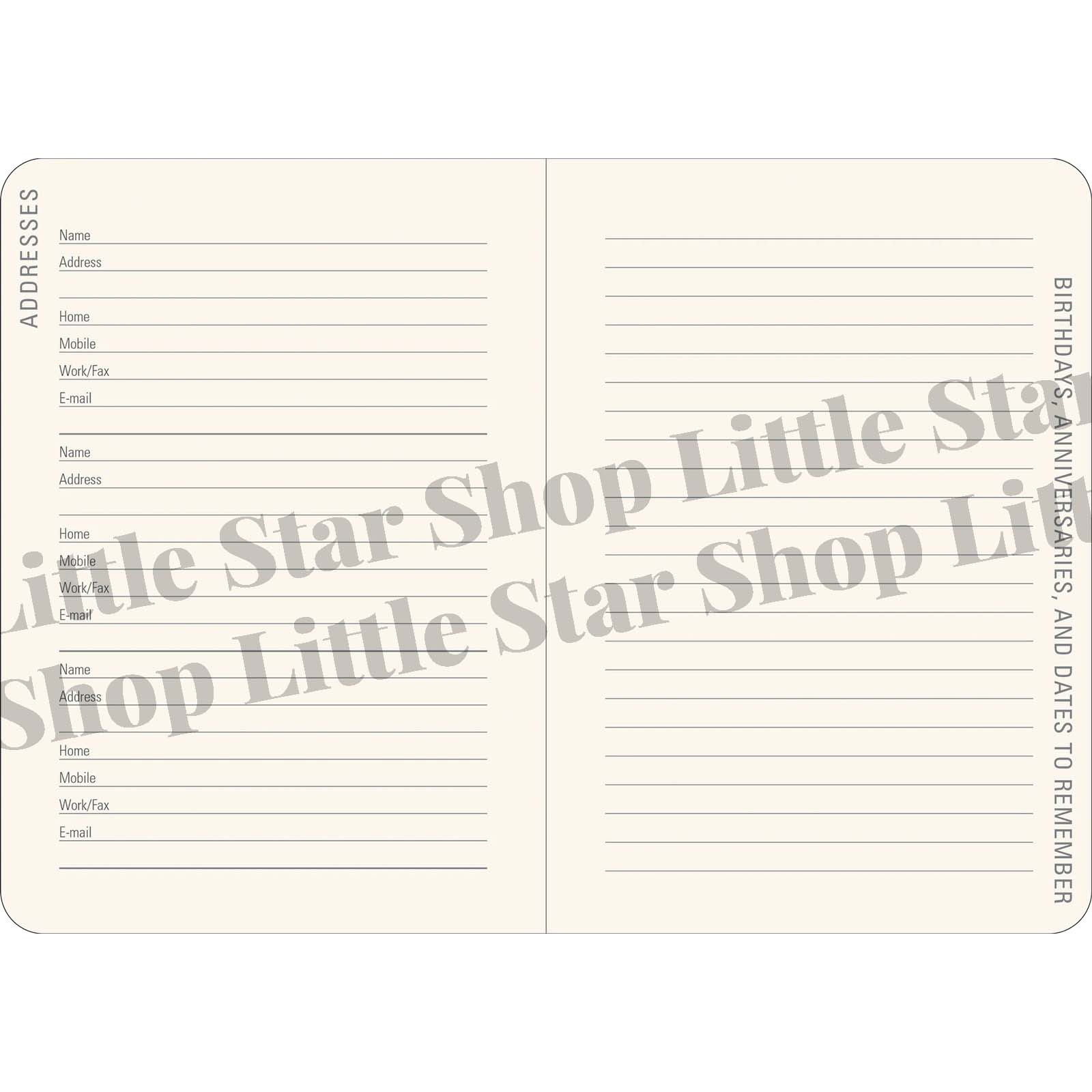 Address book with lined pages on a white background