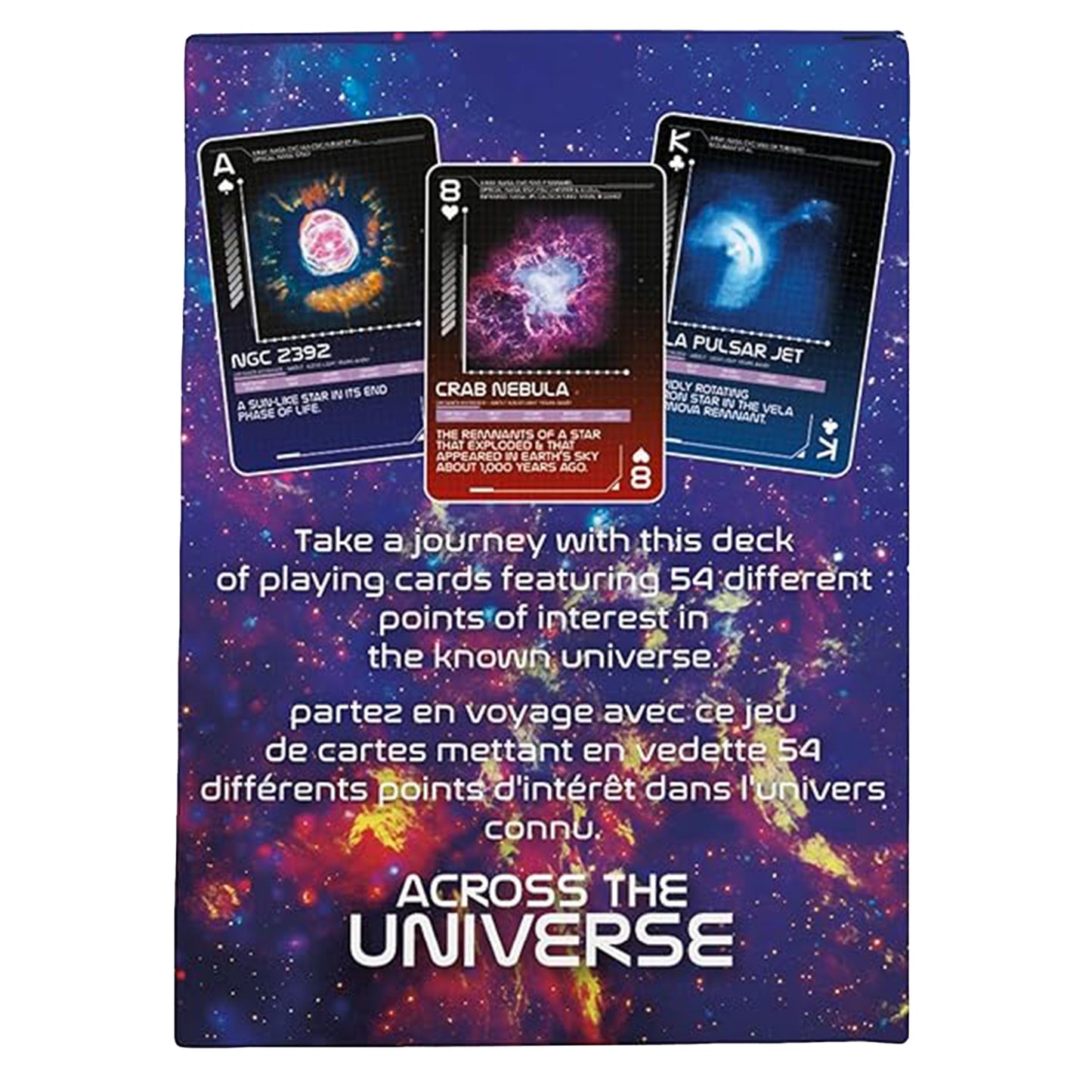 Card deck packaging titled 'Across the Universe' with cosmic designs and text.