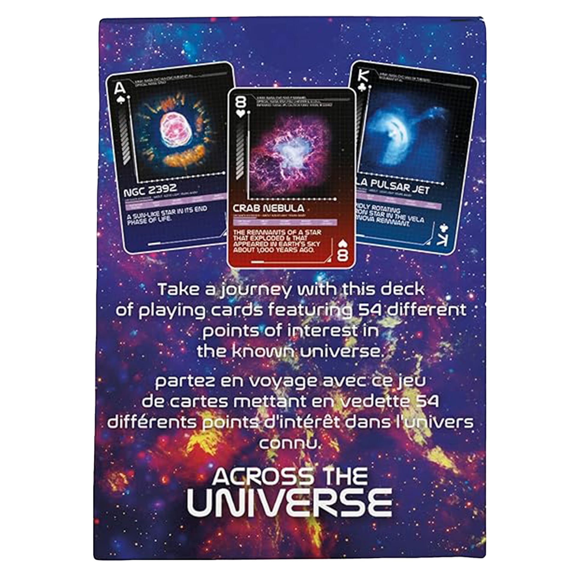 Card deck packaging titled 'Across the Universe' with cosmic designs and text.