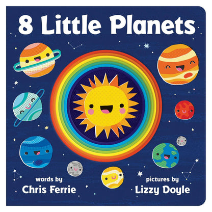 Book cover of '8 Little Planets' with colorful planets and sun on a blue background