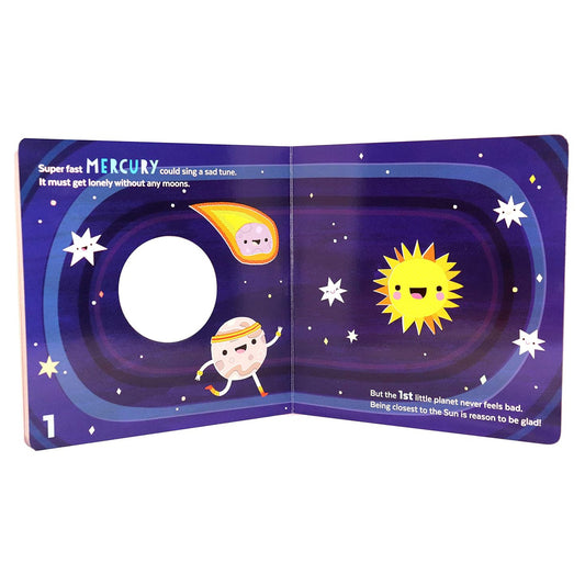 Open book with space-themed illustrations of planets and stars on a purple background