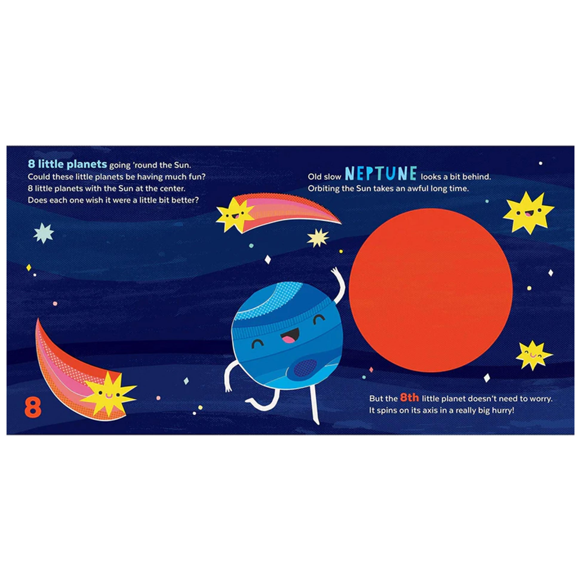 Illustration of a blue planet and red sun with stars on a blue background