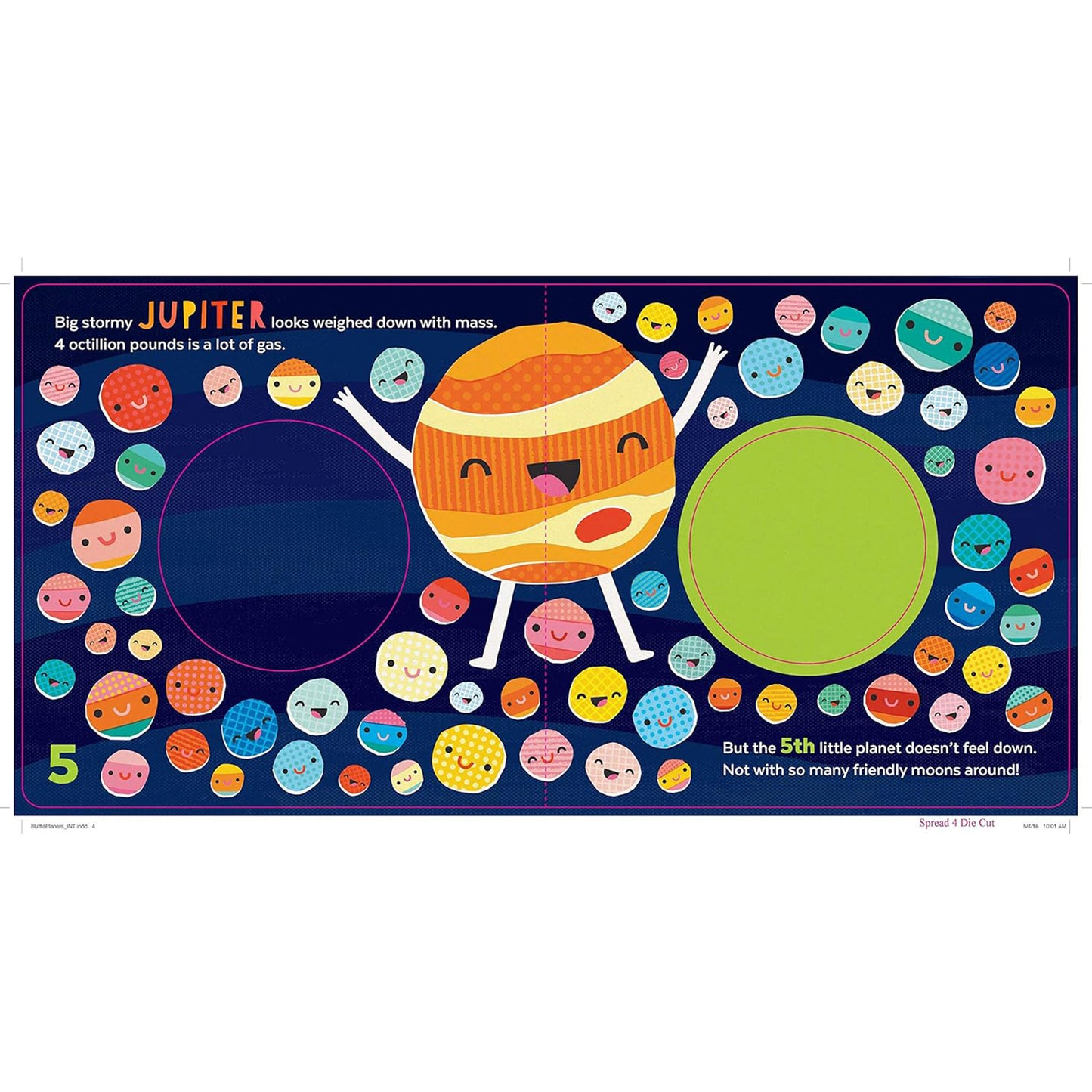 Colorful educational placemat with cartoon depiction of Jupiter and other planets on a blue background.
