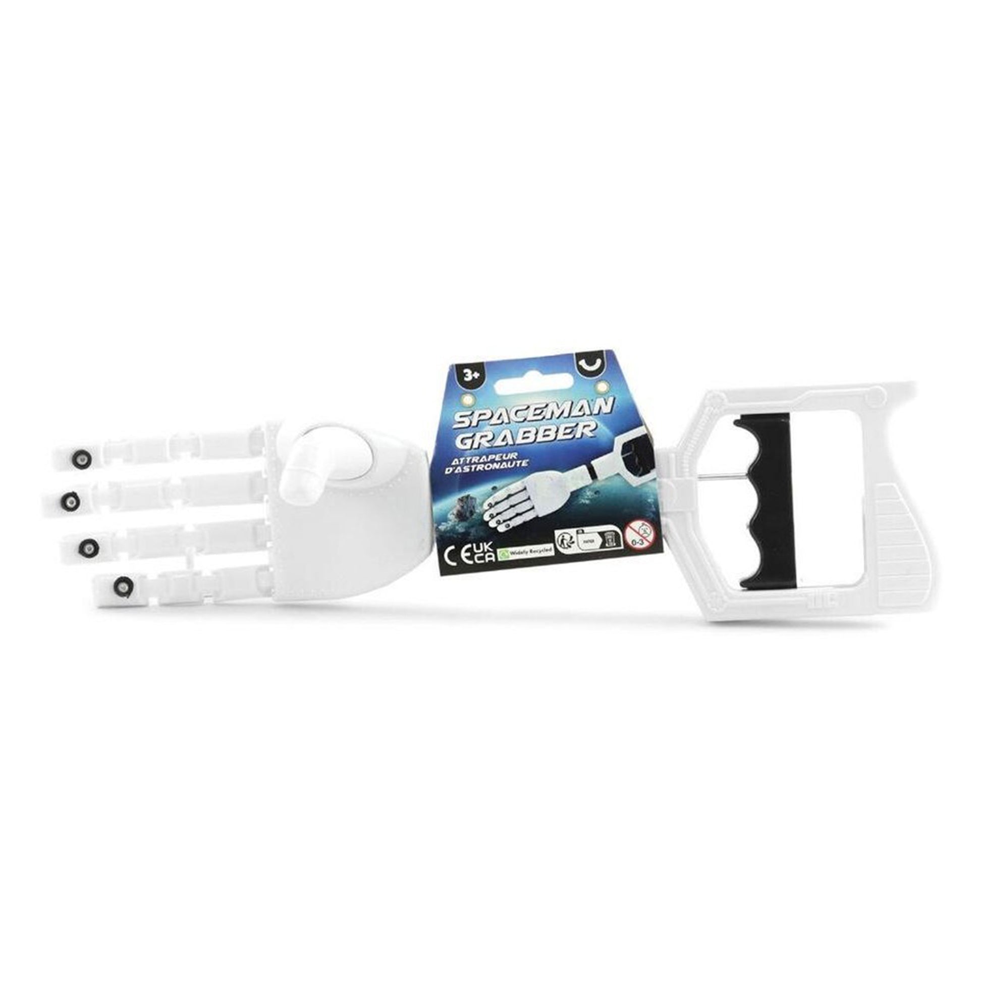 White plastic tool with packaging labeled 'Space Man Grabber' on a white background