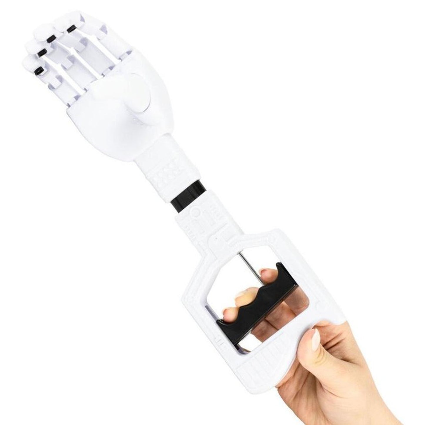 White grabber hand held by a hand on a white background