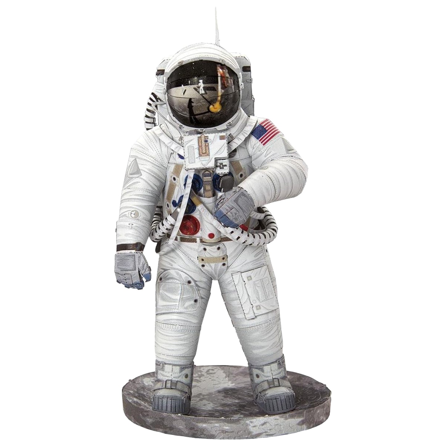 Statue of an astronaut in a white spacesuit with a helmet on a white background