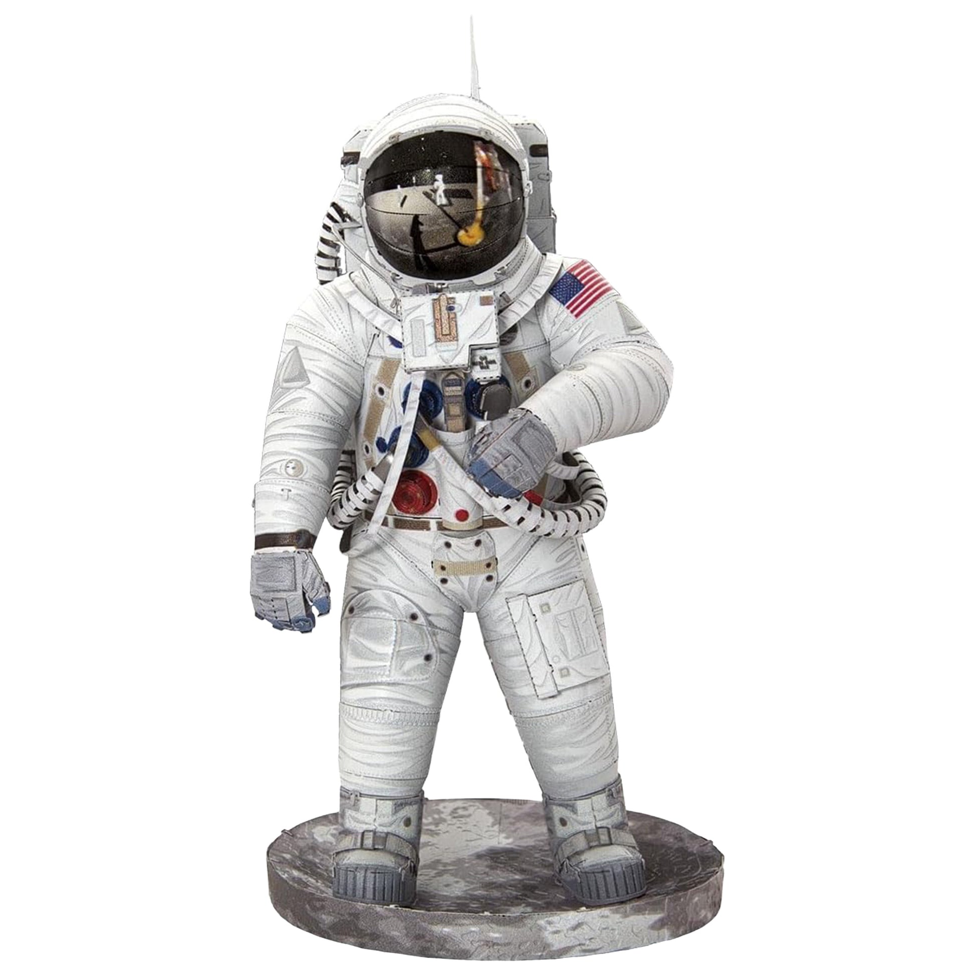 Statue of an astronaut in a white spacesuit with a helmet on a white background