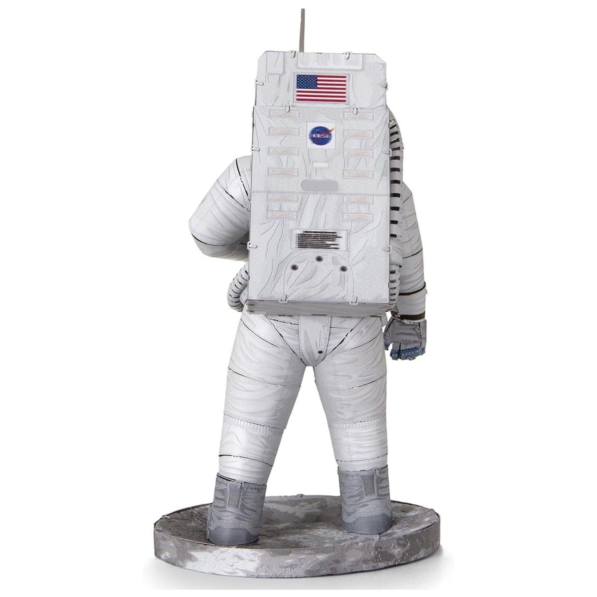Statue of an astronaut in a space suit with NASA logo on a white background