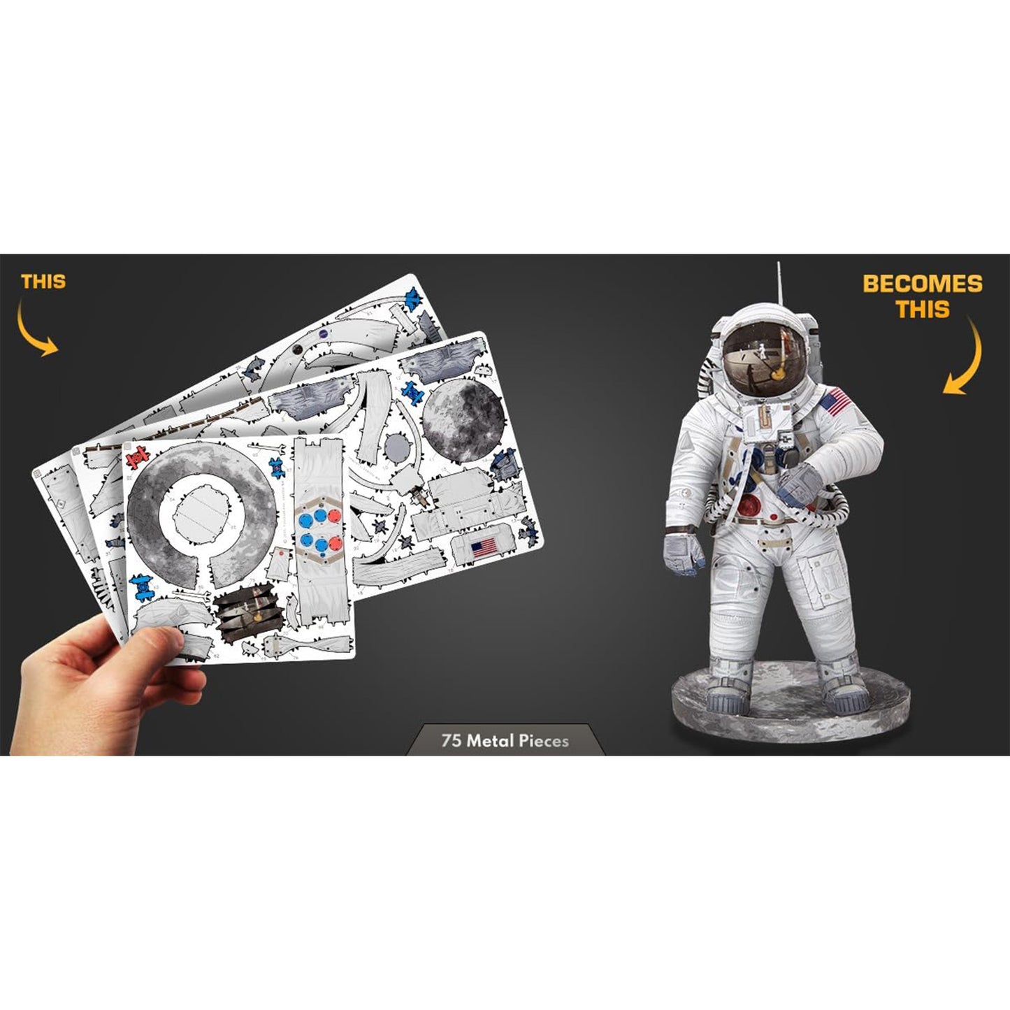 Card with astronaut design on one side and completed astronaut figure on the other, held by a hand.