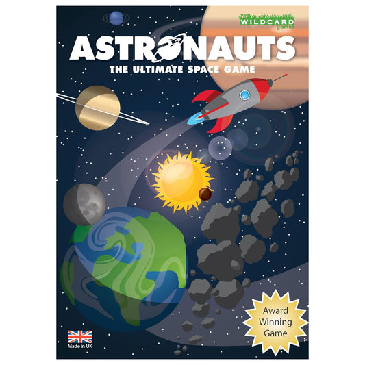 Space-themed game box with planets, a rocket, and 'Astronauts' branding.