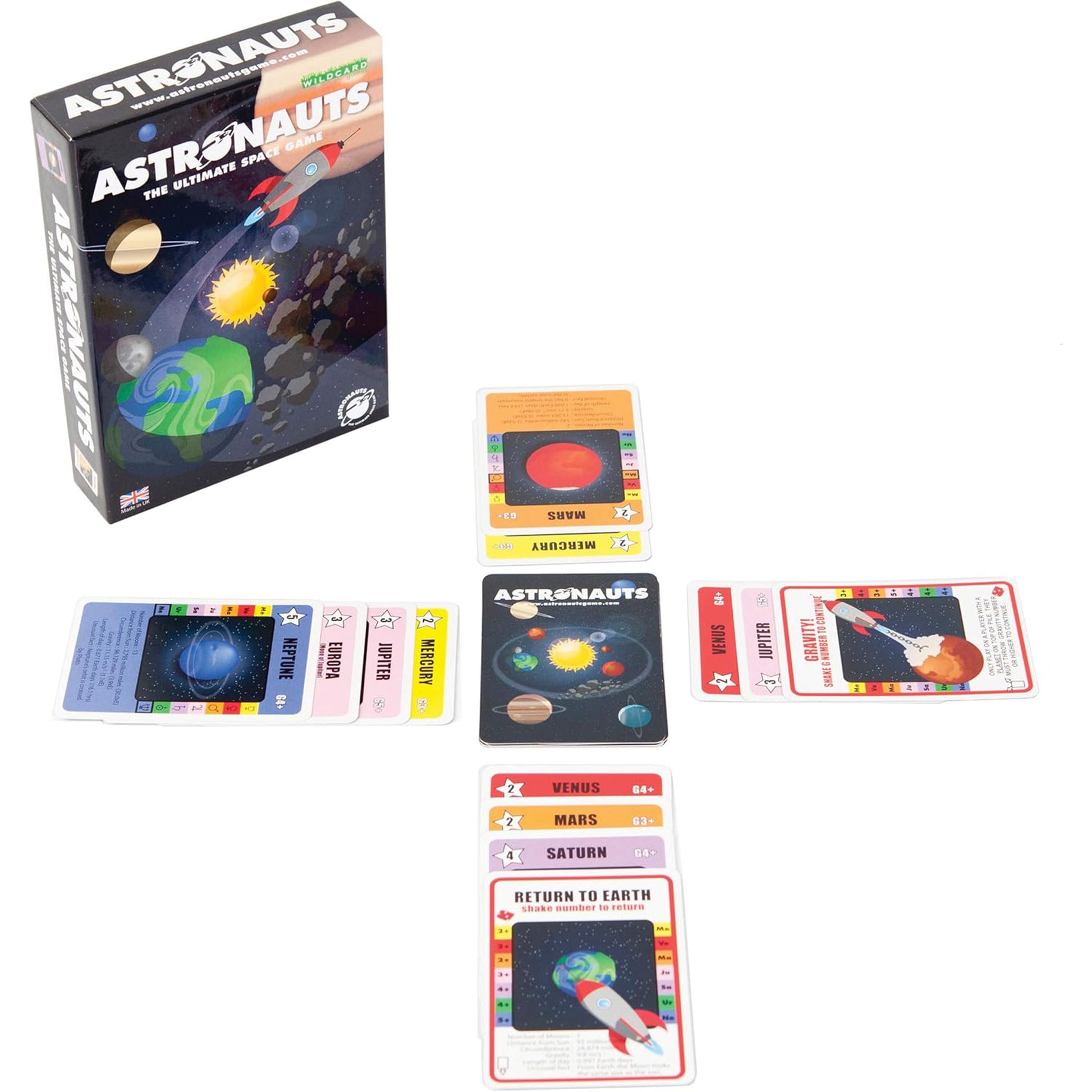 Astronauts board game packaging and cards on a white background
