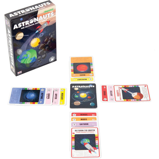 Astronauts board game packaging and cards on a white background