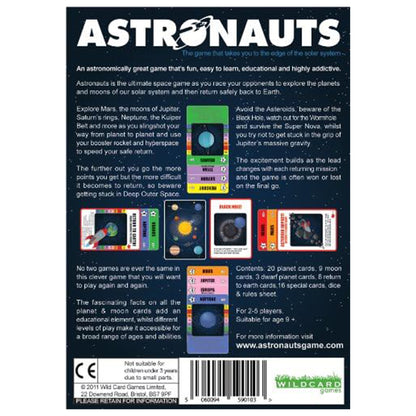 Back of a game box for 'Astronauts' with text and graphics on a white background