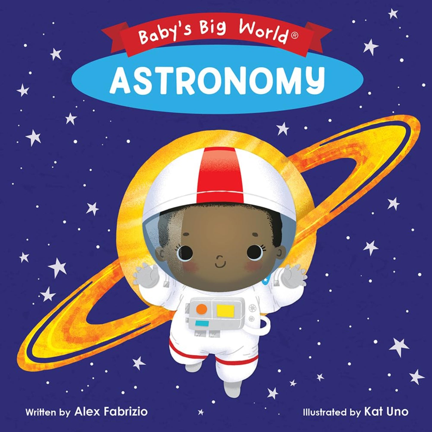 Book cover of 'Baby's Big World Astronomy' with an astronaut illustration on a starry background.