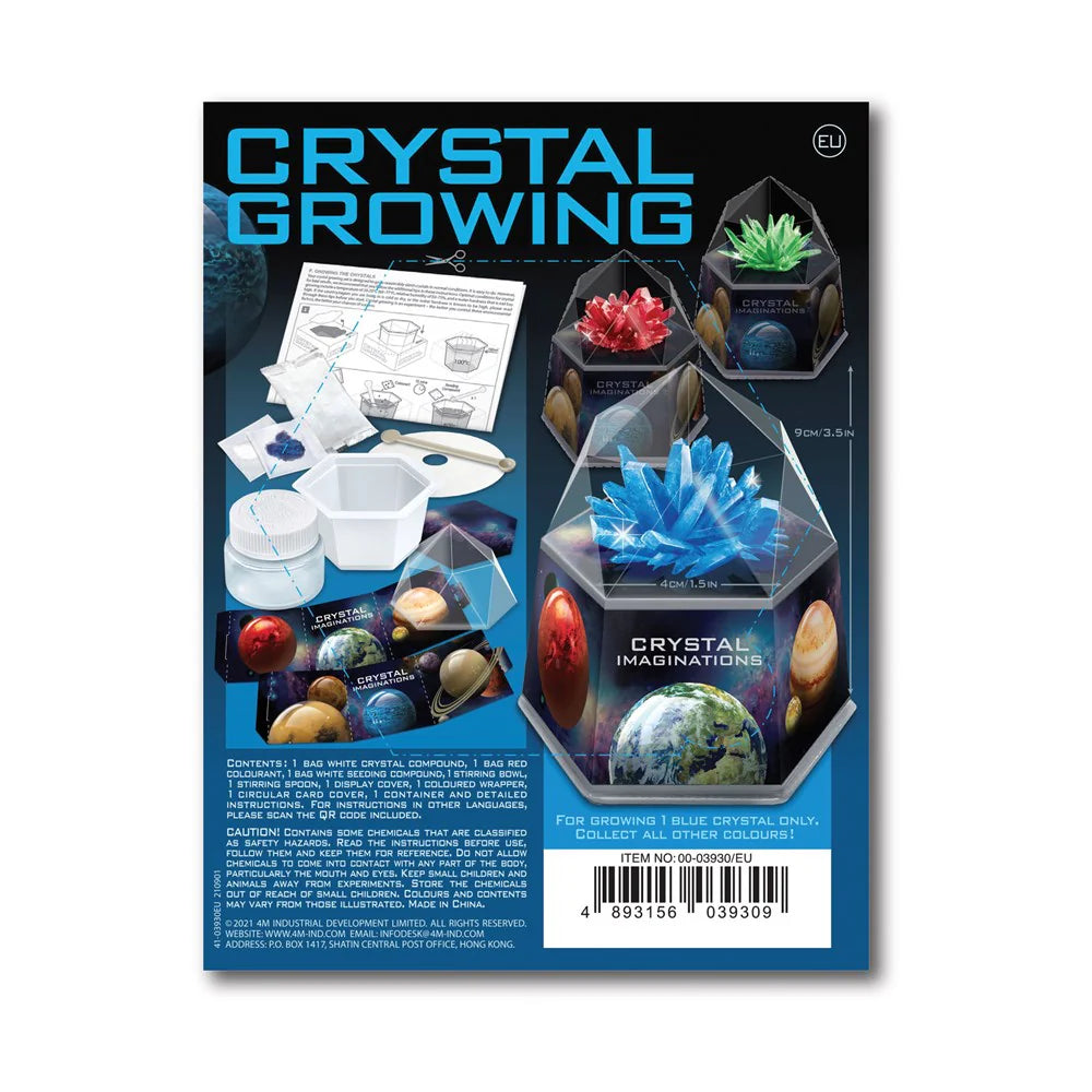 Crystal growing kit packaging with crystal models and instructions on a white background